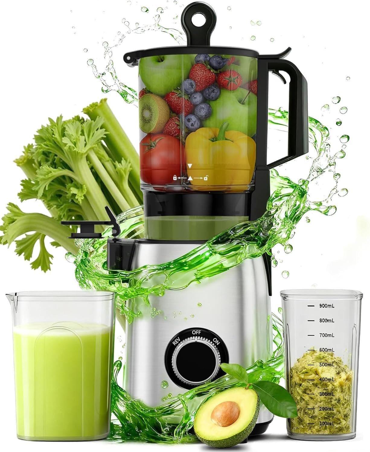 Slow Juicer Machine with 300W Pure Copper Motor, 5.4-Inch Wide Chute & Reverse Function, Stainless Steel Juicer for Family Daily Use