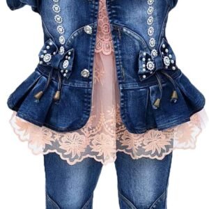 Peacolate Spring Autumn Little Girls Clothing Set 3pcs Long Sleeve T-Shirt Denim Jacket and Jeans