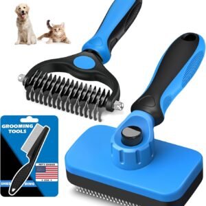 3PCS Self Cleaning Slicker Brush & Pet Grooming Rake & Flea Comb for Dogs, Cats and Horses | Double-Sided Dematting Comb & Skin Friendly Deshedding Grooming Tool | Premium Pet Supplies (Blue)