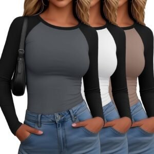 Locoowai 3 Pack Women’s Long Sleeve Shirts Fitted Color Block Baseball Tee Raglan Crew Neck Layering Tops
