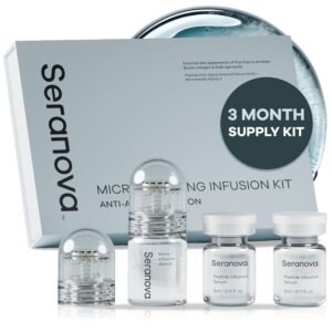 Seranova Micro Infusion System for Face & Neck 0.05mm Stamp with Hyaluronic Acid & Collagen Peptide Serum for Firmer Smoother-Looking Skin, Easy 5-Minute At-Home Skin Care Application – 3 Month Supply