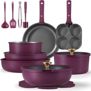 CAROTE 21pcs Pots and Pans Set, Nonstick Cookware Set Detachable Handle, Induction Kitchen Cookware Sets Non Stick with Removable Handle, RV Cookware Set, Gold and Purple