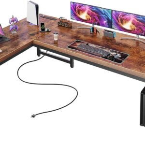 Huuger 63 Inch L Shaped Desk with Power Outlets and USB-C Port, 0.95 Inch Thicker Desktop, Reversible Computer Desk, Larger Office Corner Gaming Desk, Metal Frame, for Home Office, Study, Rustic Brown
