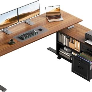 OffiGo 55 Inch L Shaped Electric Standing Desk with Drawers & File Cabinet Sets, Executive Sit Stand Desk, Height Adjustable Computer Desk for Home Office, Writing, Workstation, Walnut+Black