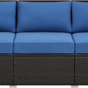 Yaheetech 3-Seat Patio Wicker Sofa, Outdoor Rattan Couch with Furniture Cover, Deep Seat High Back with Cushions & Throw Pillows for Deck/Porch/Balcony/Yard, Brown/Dark Blue