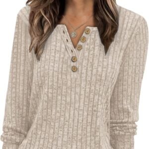 MixShe Womens Henley Sweaters 2026 Fall Winter Ribbed Knit V Neck Button Pullover Long Sleeve Tops