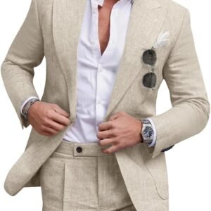 Linen Men Suit Set Casual Tuxedo 2 Piece Regular Fit Blazer One Button Solid Jacket and Pants for Prom Wedding Party