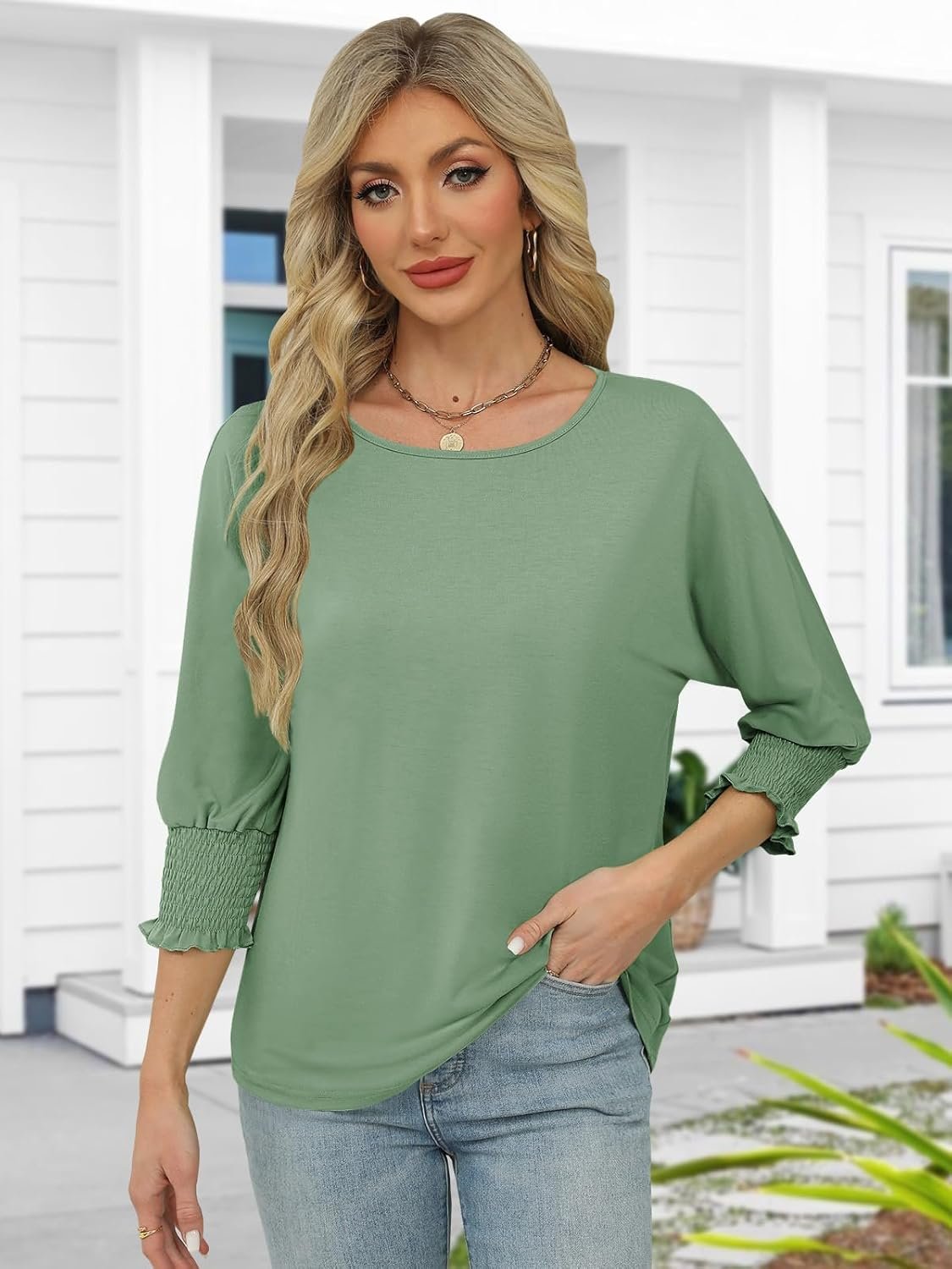 Womens Spring Tops 3/4 Sleeve Loose Fit Blouses Casual Shirts for Work Travel Beach S-XXL - Image 6