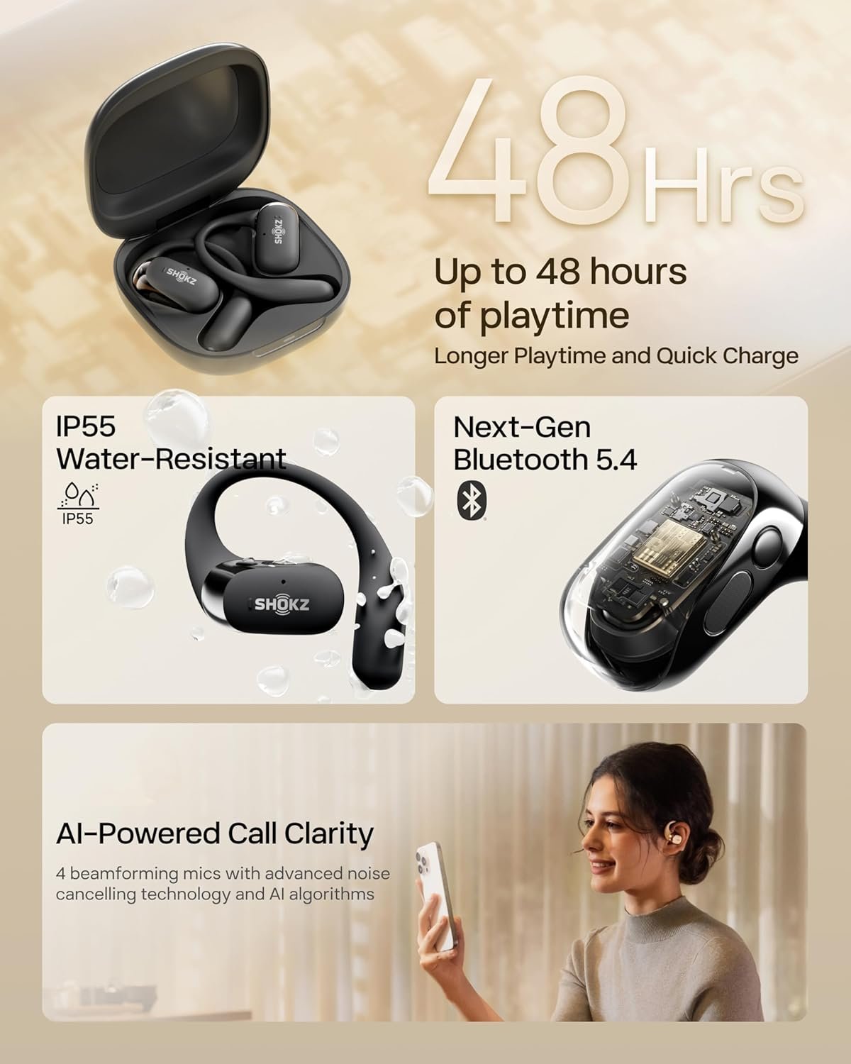 SHOKZ OpenFit 2 Open-Ear Headphones,True Wireless Bluetooth Earphones with Microphone,Earhook Earbuds with 48 Hours of Playtime,Fast Charging,IP55 Water-Resistant,with Carrying Bag,Black,Bluetooth5.4 - Image 9