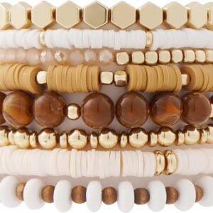 GOOJIDS Surfer Heishi Clay Bead Bracelets for Women Bohemian Stackable Gold Plated Beaded Stretch Bracelets Elastic Layering Friendship Bracelets Set Boho Jewelry