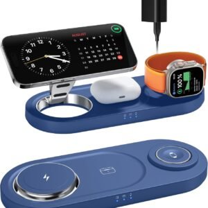 Upgraded 3 in 1 Wireless Charging Station for Apple Devices, Faster Mag-Safe Charger Stand, Magnetic Charger Station for iPhone 17/16/15/14/13/12 & AirPods Pro & Apple Watch Series (Sapphire Blue)