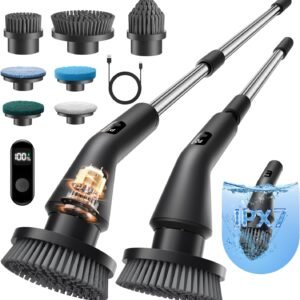 Leebein Electric Spin Scrubber, 2026 Upgraded Cordless Cleaning Brush Bathroom Scrubber, IPX7 Waterproof Electric Scrubber with 7 Brush Heads, Extendable Long Handle Power Scrubber for Bathtub Floor