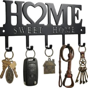 WIPHANY Entryway Wall Key Holder with 5 Hooks, Metal Key Rack Wall Mount for Keys, Bags and Leashes, Decorative Organizer for Entryway, Mudroom or Hallway, Sweet Home Design, 9.8 inches, Black