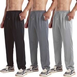 ZH 3 Pack Men’s Sweatpants Open Bottom Joggers Lightweight Quick Dry Athletic Pants with Pockets for Workout & Lounge