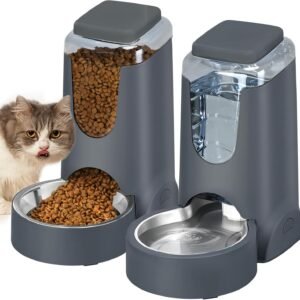 Automatic Cat Feeder and Water Dispenser with Stainless Steel Bowl Dog Gravity Food Feeder and Waterer for Small Medium Pets Puppy Kitten 1 Gallon x 2
