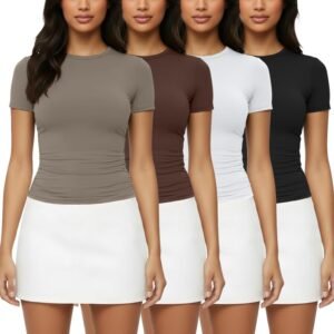 1/4 Pack Basic Tees T Shirts for Women Workout Gym Compression Fitted Short Sleeve Plain T Shirts Crop Tops Y2K