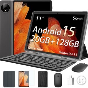 2025 Tablet 11 Inch Android 15 Tablet, 20 GB RAM 128 GB ROM 1TB TF, 1280×800 HD IPS, 8000 mAh, 2.4G/5G WiFi BT 5.0, GMS Certified, Octa-Core, 5MP + 8MP dual cameras, Keyboard Mouse, case (Black)