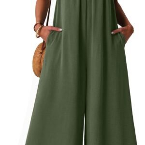 Lepunuo Womens Casual Jumpsuits Summer Boho Wide Leg Rompers Sleeveless Overalls Pleated Jumpers with Pockets