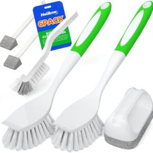 Holikme 6 Pack Dish Brush with Handle Kitchen Cleaning Brush Set for Pot, Pan, Kitchen Sink (Green)