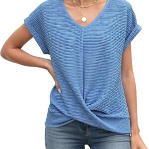 ETCYY NEW Summer Tops for Women Front Twist T Shirts V-neckline Tunic Top Dressy Casual Blouse Tees