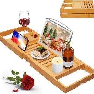 Artmalle Luxury Bathtub Caddy Tray for Tub – Foldable Bamboo Bath Table Tray with Book and Wine Glass Holder, Expandable Bathroom Accessories for Spa or Reading Lite Style
