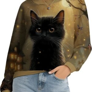 Womens Long Sleeve Cat Graphic Sweatshirt Raglan Pullover Colorblock Casual Top for Cat Lovers
