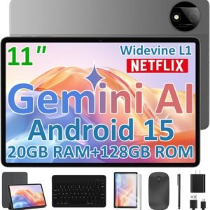ECOPAD 11 Inch Android 15 Tablet with Keyboard, 20GB RAM 128GB ROM (2TB TF Expand), Octa-Core Processor, WiFi 6, 8000mAh Battery, GMS Certified 2-in-1 Tablets with Mouse, Case, Stylus Included, Black