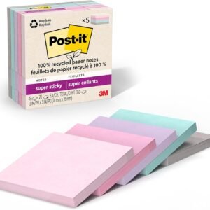 Post-it 100% Recycled Paper Super Sticky Notes, 3 in. x 3 in., 5 Pads, 70 Sheets per Pad, Wanderlust Pastels, School Supplies and Office Products