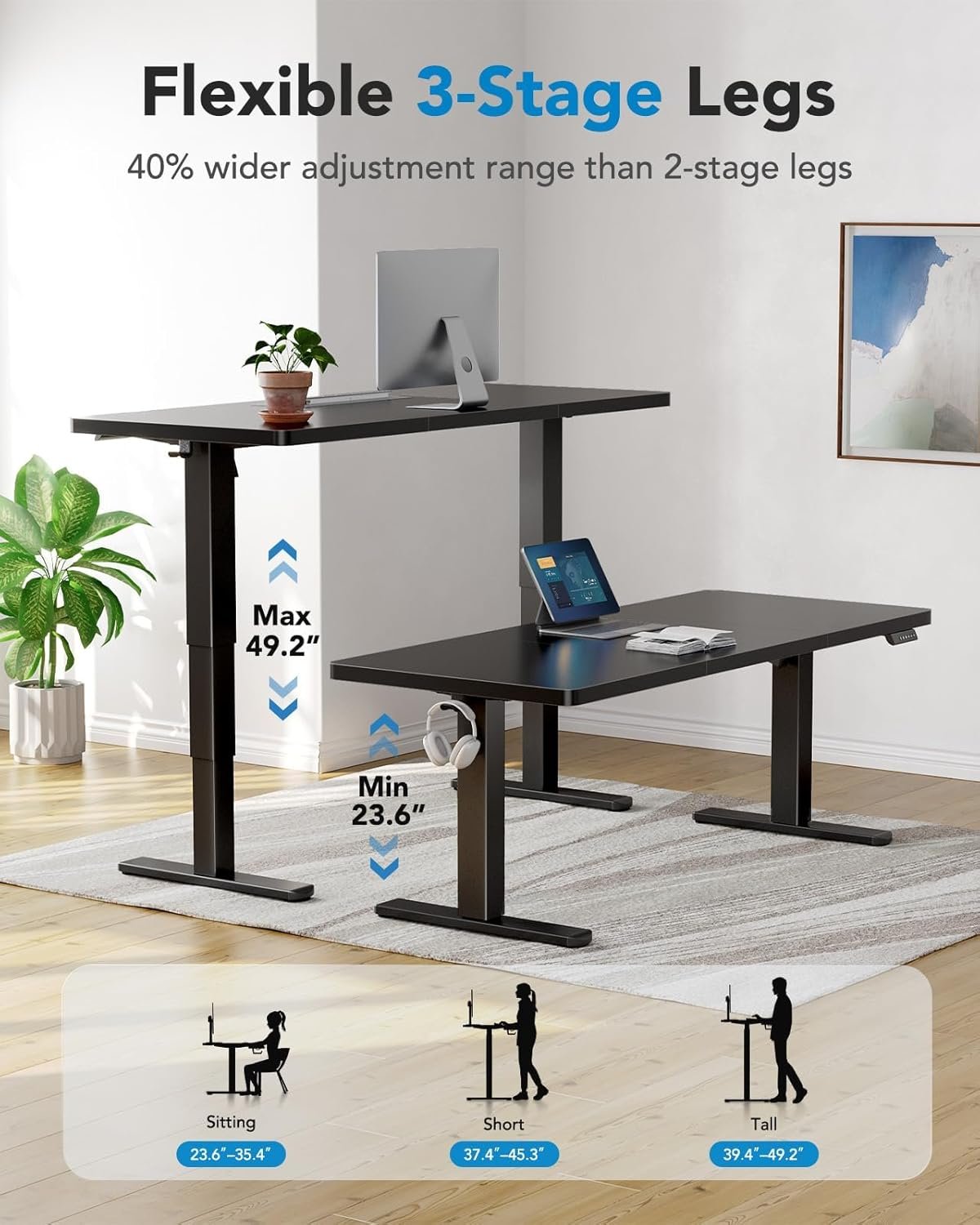 HUANUO 71x35 Inch 3-Stage Legs Electric Standing Desk, Large Height Adjustable Office Desk with Brushless Motor, Stand Up Desk with 4 Memory Presets & 2 Hooks, Computer Desk for Home Office, Black - Image 6
