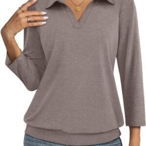 TICTICMISS Womens Polo Shirts 3/4 Sleeve Banded Bottom Tops Business Casual Tops Collared V Neck Blouses