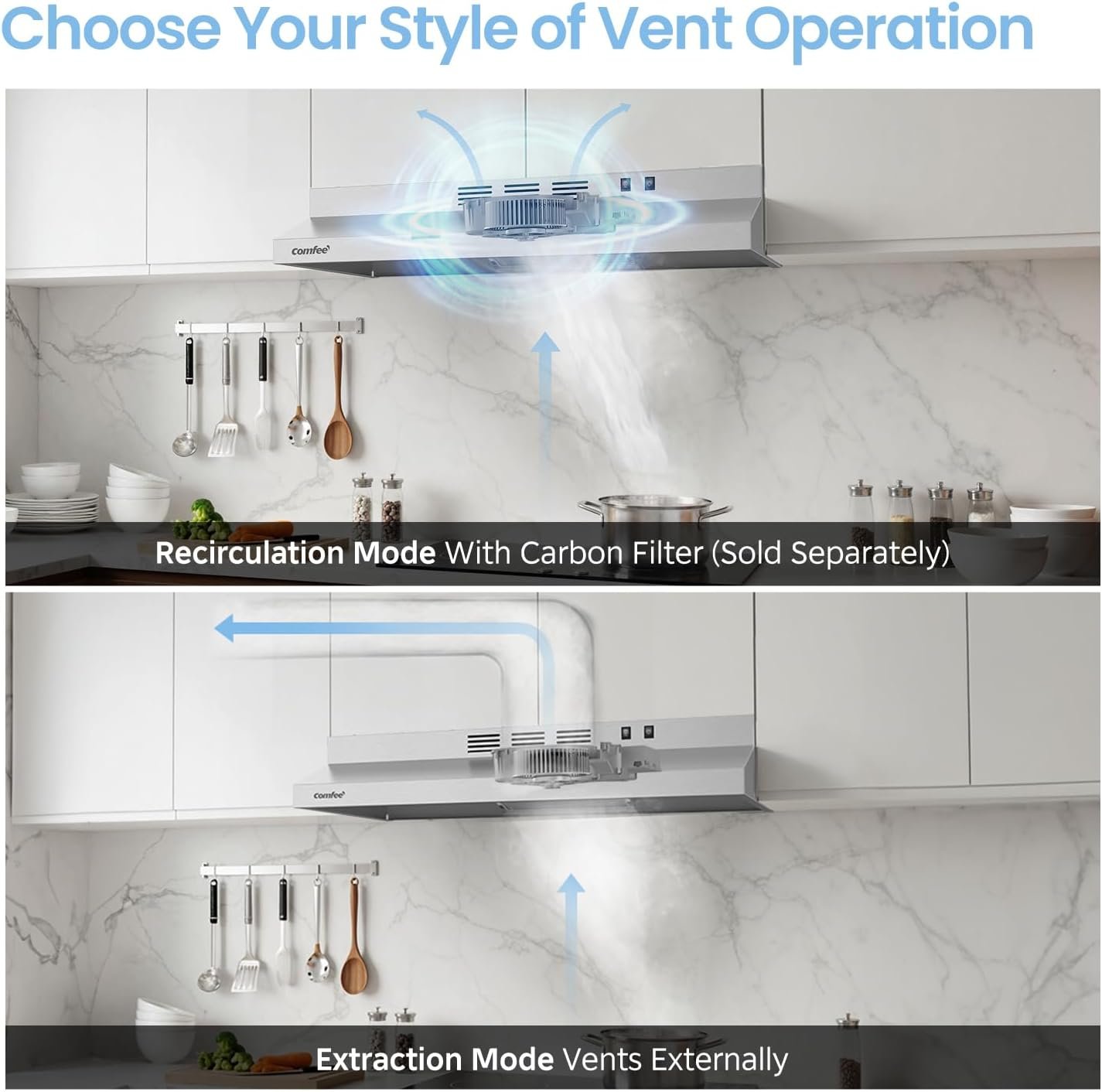 COMFEE' CVU30W2AST Range Hood 30 Inch Ducted Ductless Vent Hood Durable Stainless Steel Kitchen Hood for Under Cabinet with 2 Reusable Filter, 200 CFM, 2 Speed Exhaust Fan Silver - Image 7