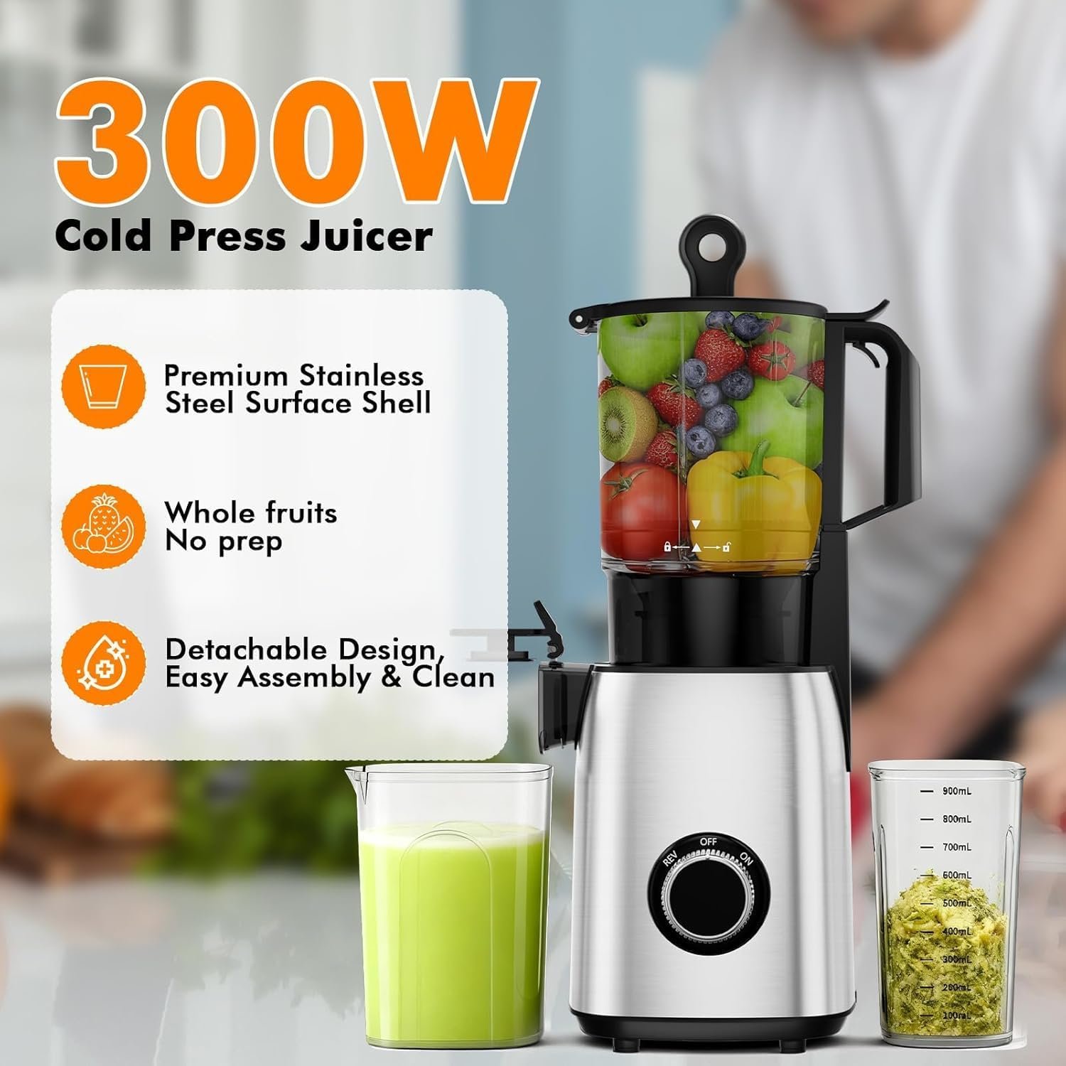Slow Juicer Machine with 300W Pure Copper Motor, 5.4-Inch Wide Chute & Reverse Function, Stainless Steel Juicer for Family Daily Use - Image 3