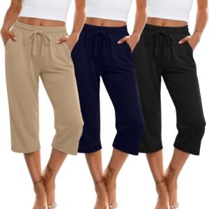 Huukeay 3 Pack Women’s Capri Sweatpants Drawstring Lounge Capris Wide Leg Cropped Pants with Pockets Workout Yoga Joggers
