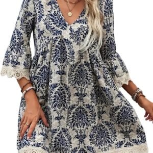 Women’s Blue Damask Floral Print V Neck Mini Dress, 3/4 Bell Sleeve Lace Trim Boho Flowy Babydoll Dress for Summer
