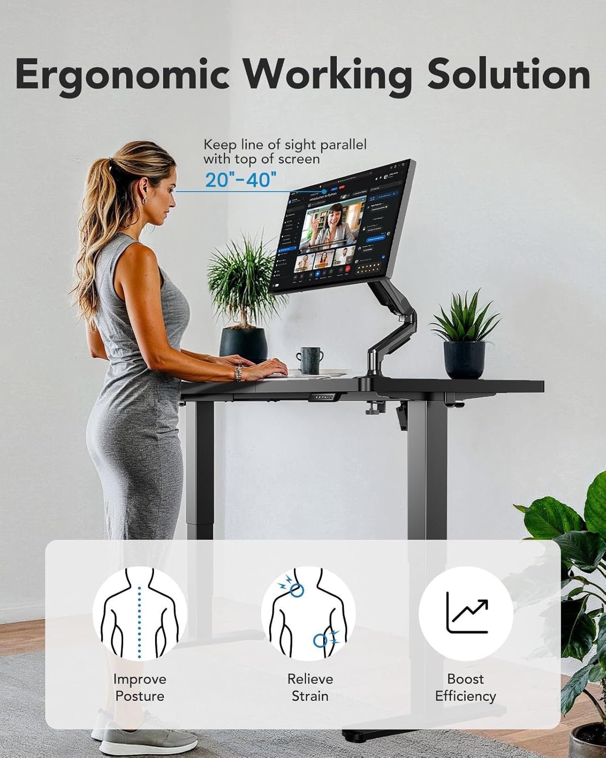 HUANUO 71x35 Inch 3-Stage Legs Electric Standing Desk, Large Height Adjustable Office Desk with Brushless Motor, Stand Up Desk with 4 Memory Presets & 2 Hooks, Computer Desk for Home Office, Black - Image 7