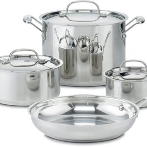 Cuisinart 7-Piece Stainless Steel Pots and Pans Set, Cookware Set Compatible with Induction, Electric, Gas Cooktops, Aluminum Core for Quick Even Heat, Cool Grip Handles, Dishwasher Safe, Oven Safe