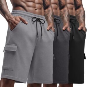 Neer 3 Pack Men’s Cargo Shorts Athletic 9″ Bermuda Pants with Pockets Knee Length Workout Drawstring Gym Sweat Shorts Summer