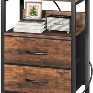 Yoobure Nightstand with Charging Station, Small Night Stand with Fabric Drawers and Storage Shelf for Bedrooms, Small Spaces, Bedside Table with USB Ports & Outlets