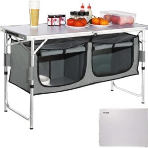 VEVOR Camping Kitchen Station, 3 Adjustable Height Folding Outdoor Camp Cooking Table with Storage Organizer, Quick Set-up for Patio BBQ Picnic Glamping Traveling