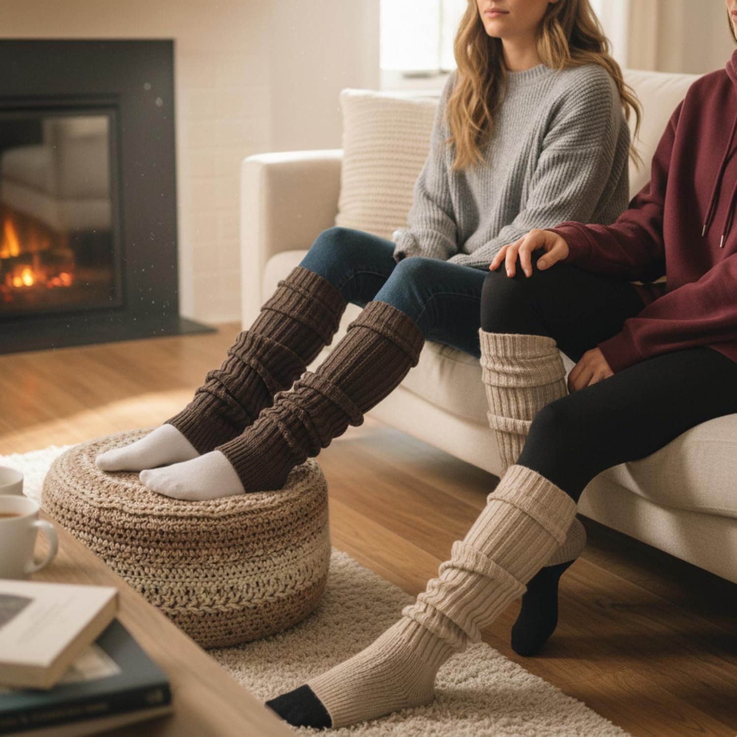 2-Pair Brown & Khaki Leg Warmers, Knit Stackable Ankle Sleeves for Women's Seasonal Wear - Image 7