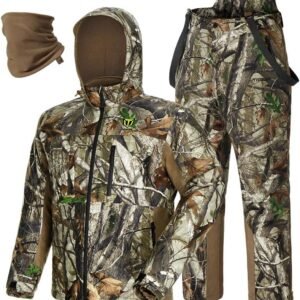 TIDEWE Hunting Clothes for Men with Face Mask, Silent Waterproof Hunting Jacket and Adjustable Bibs, Safety Strap Compatible