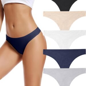 voenxe Seamless Women Underwear Thongs,No Show Ladies Thong,No Line Workout Breathable Comfortable Panties,Soft Undies,5-Pack