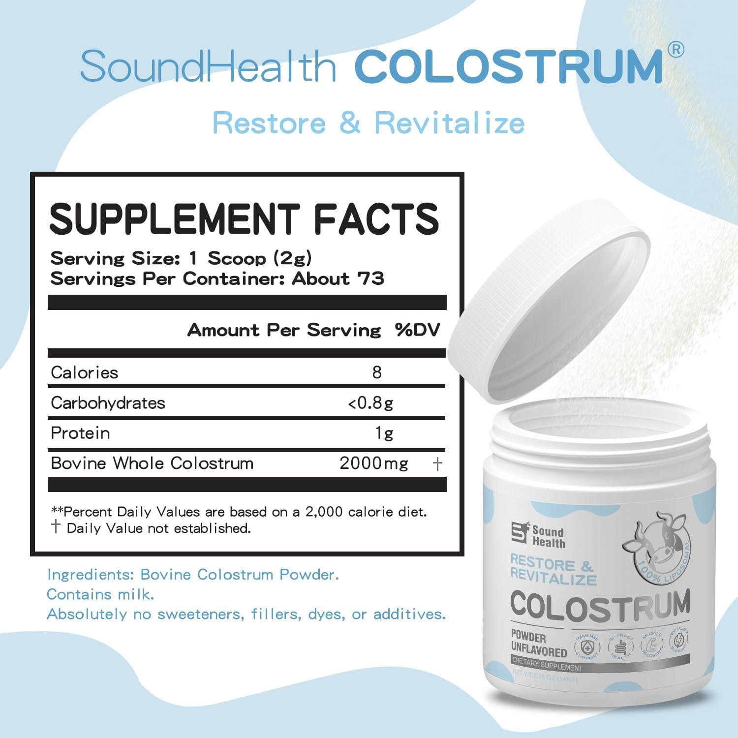 Colostrum Supplement Powder for Humans - Organic Bovine Colostrum Supplement for Gut Health, Hair Growth, Beauty, and Immune Support - Unflavored (73 Servings) - Image 2