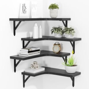 ROMGUAR CRAFT Corner Floating Shelves Wall Mounted Set of 4, Rustic Wood Storage Display Shelves for Home Decor, Bathroom, Kitchen, Bedroom, Living Room, Office (Black)