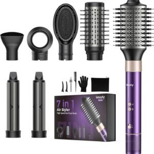 Vincofy 7-in-1 Hair Dryer Brush and Hair Styler Set – Fast Drying, Curling, Straightening & Volumizing – Hot Air Styling Tool with No Heat Damage – for All Hair Types – Purple