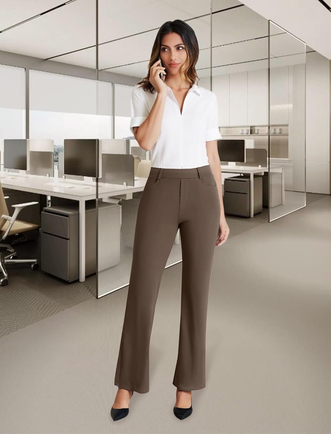 DLOODA Dress Work Pants Women Business Casual Slack Trousers Stretchy Pull On Office Flare Pants with Pockets - Image 2