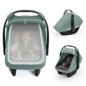 Blissful Diary Baby Car Seat Cover, Extra Large Mesh Window, Breathable Muslin Cotton, Infant Windproof Canopy, Must-Have Baby Gift – Roman Green