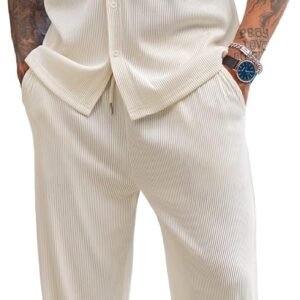 COOFANDY Men’s 2 Piece Outfit Casual Short Sleeve Button Down Shirt Beach Summer Loose Pant Sets