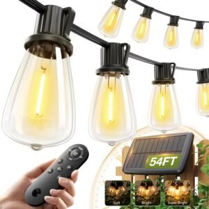 addlon 54(48+6) FT Solar String Lights Waterproof,Patio Lights Solar Powered with Remote & USB Port 15+1 LED Shatterproof Bulbs 3 Light Modes, Dimmable Solar Light for Camping Backyard Garden
