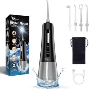 JNGOODS Cordless Water Dental Flosser Oral irrigator,JNGOODS 300ml Rechargeable Water flosser for Teeth IPX7 Waterproof 4 Modes Portable Oral Irrigator with 4 Jet Tips, Travel Home use (Black)